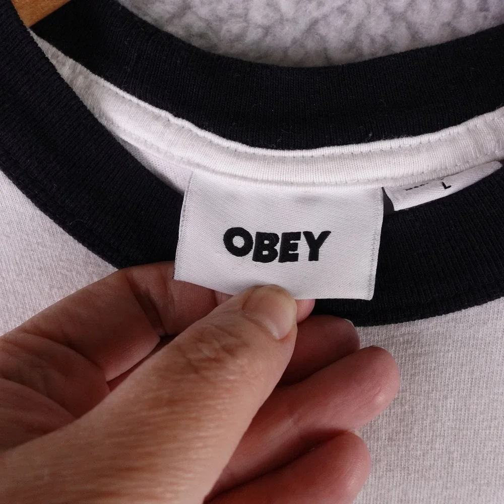 Obey Sound and Resistance Ringer T-Shirt Mens Large White Black Logo Graphic
